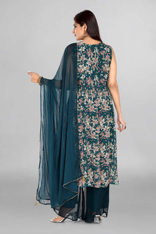 Green Colour Nayra Cut Thread Work Kurta Paired With Palazzo And Dupatta