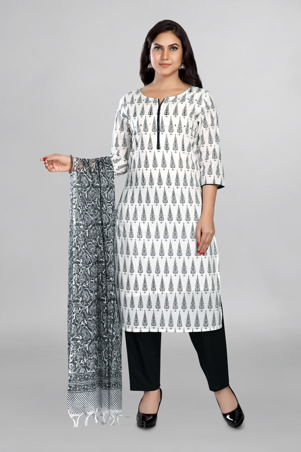 White colour beautiful Printed kurta Paired with Black Pant and Kota Dupatta