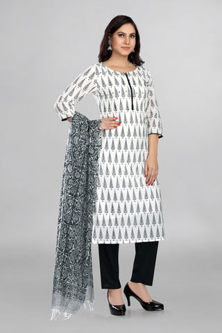 White colour beautiful Printed kurta Paired with Black Pant and Kota Dupatta