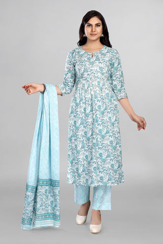 Sea Blue Colour Nyra Cut Kurta Paired With Pant And Dupatta