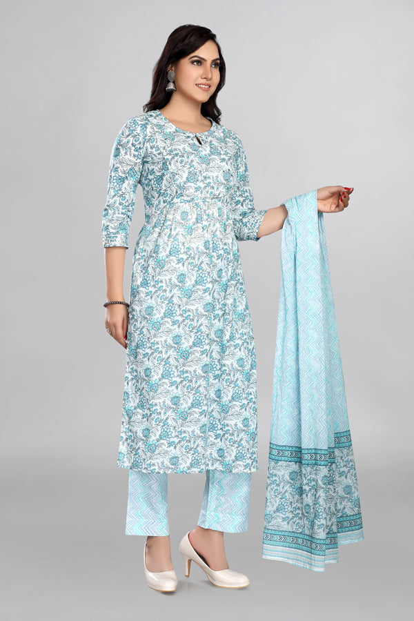 Sea Blue Colour Nyra Cut Kurta Paired With Pant And Dupatta