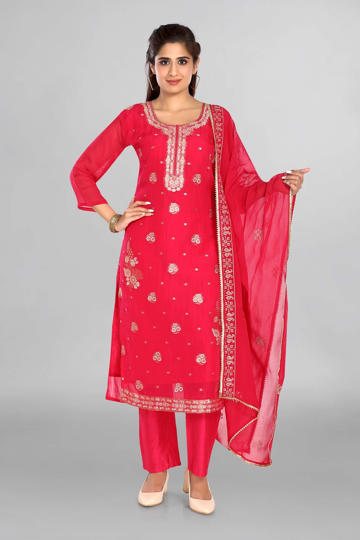 Dark Pink Colour Golden Work Kurta Paired With Pant And Dupatta