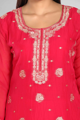 Dark Pink Colour Golden Work Kurta Paired With Pant And Dupatta