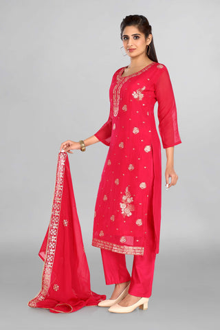 Dark Pink Colour Golden Work Kurta Paired With Pant And Dupatta