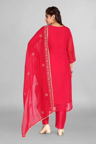 Dark Pink Colour Golden Work Kurta Paired With Pant And Dupatta