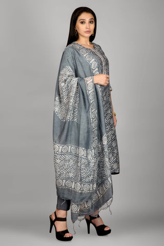 Dark Grey Colour Kurta Paired With Pant And Dupatta