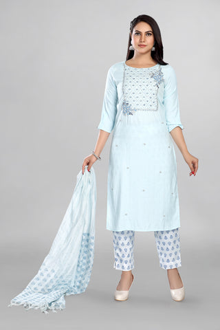 Sky blue colour Kurta paired with printed pant and Dupatta