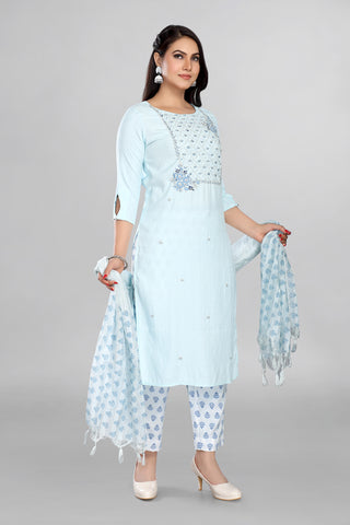 Sky blue colour Kurta paired with printed pant and Dupatta