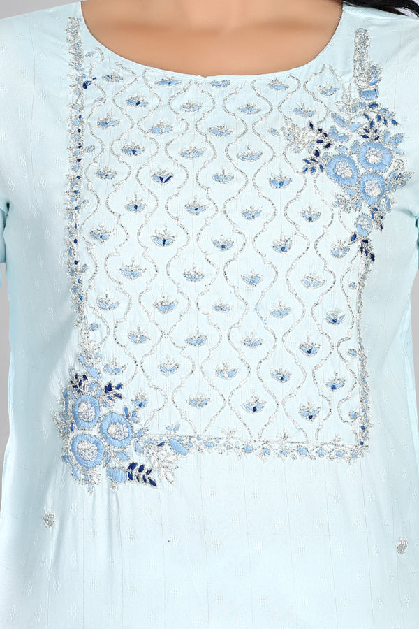 Sky blue colour Kurta paired with printed pant and Dupatta