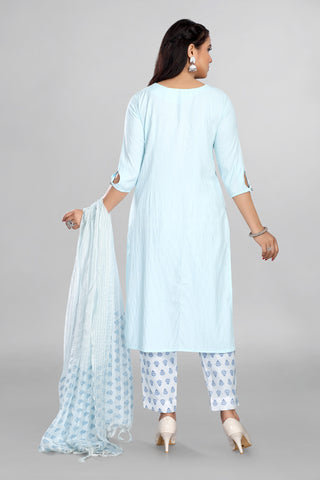 Sky blue colour Kurta paired with printed pant and Dupatta