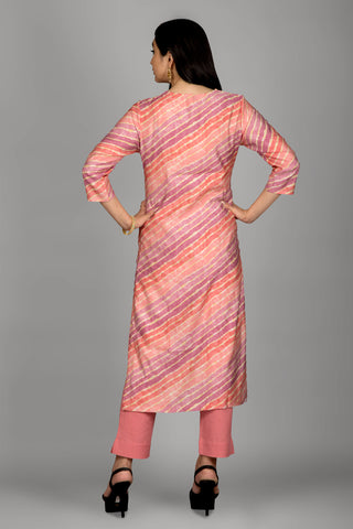 Light Peach Leheriya Kurta  Paired With Pant