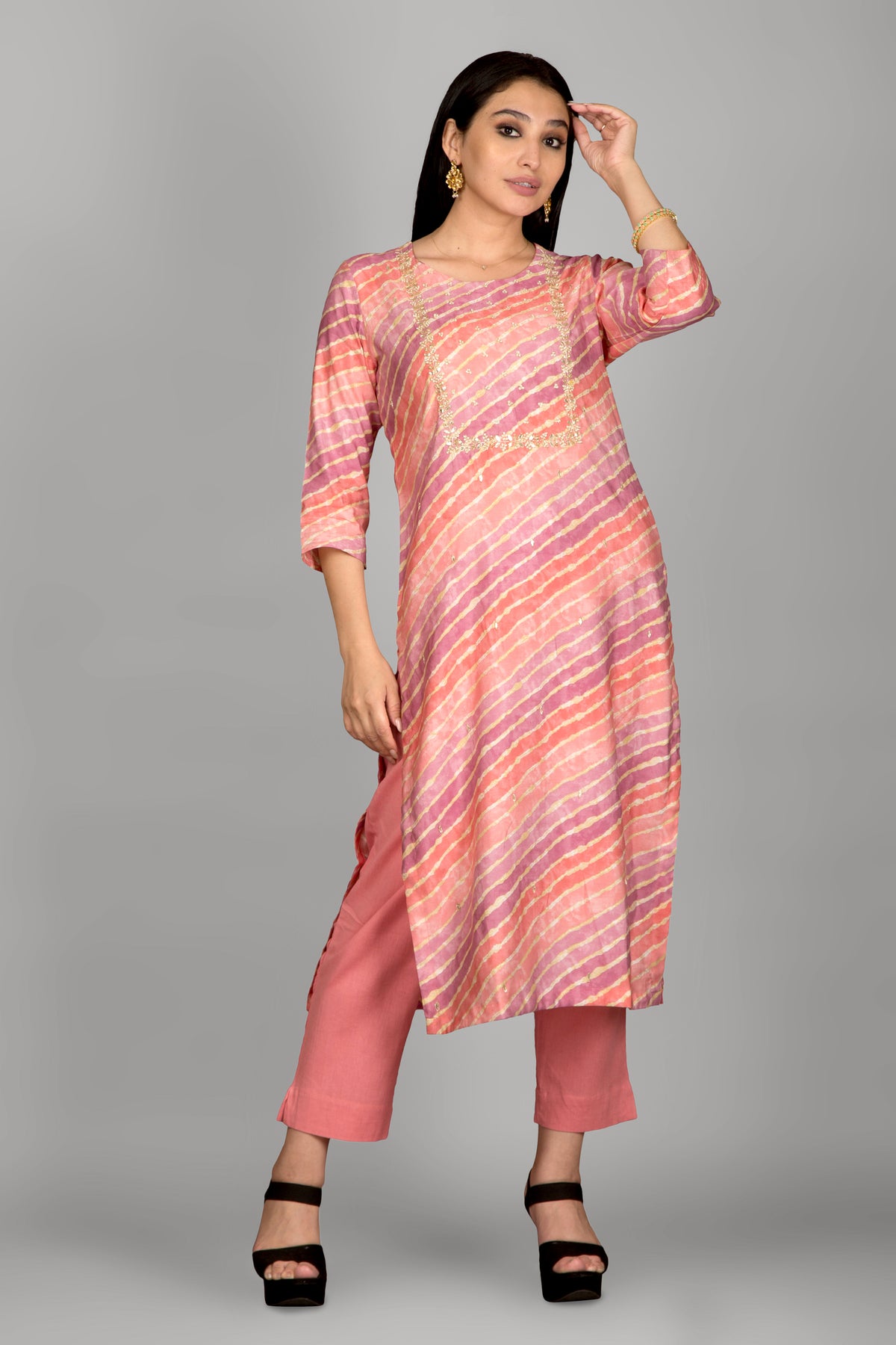 Light Peach Leheriya Kurta  Paired With Pant