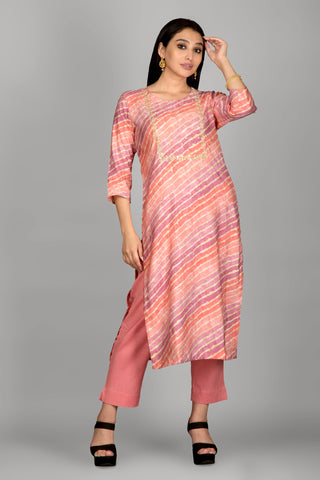 Light Peach Leheriya Kurta  Paired With Pant