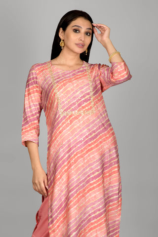 Light Peach Leheriya Kurta  Paired With Pant