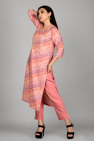 Light Peach Leheriya Kurta  Paired With Pant