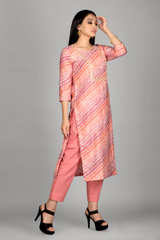 Light Peach Leheriya Kurta  Paired With Pant