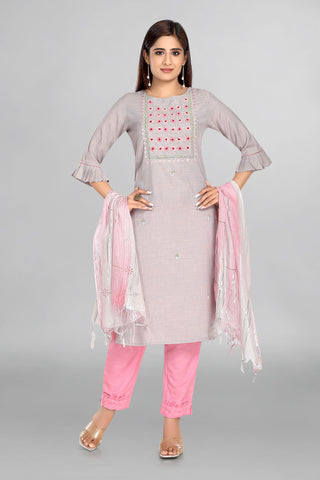 Grey Kurta With Neckline Hand Embroidery With Bell Sleeves