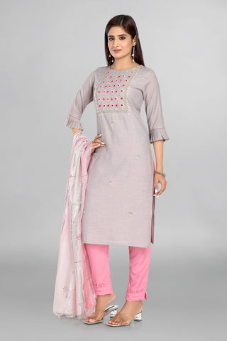 Grey Kurta With Neckline Hand Embroidery With Bell Sleeves