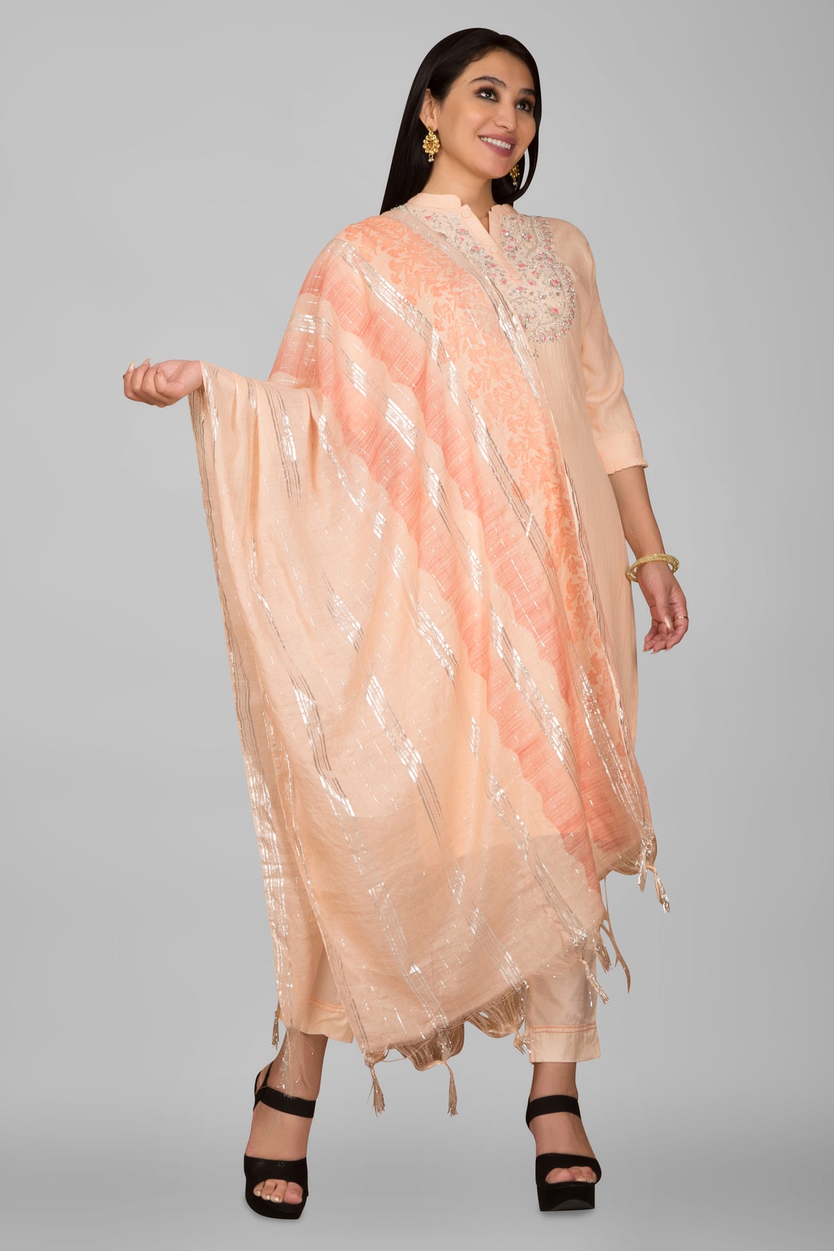 Light Peach Kurta Paired With Pant & Dupatta