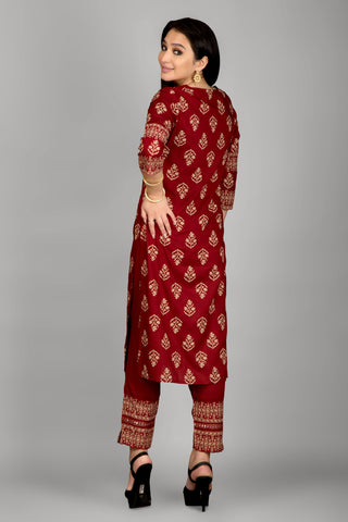 Dark Maroon Printed Kurta Paired With Pant And Dupatta