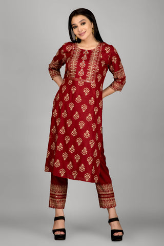 Dark Maroon Printed Kurta Paired With Pant And Dupatta