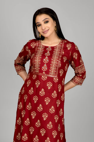 Dark Maroon Printed Kurta Paired With Pant And Dupatta