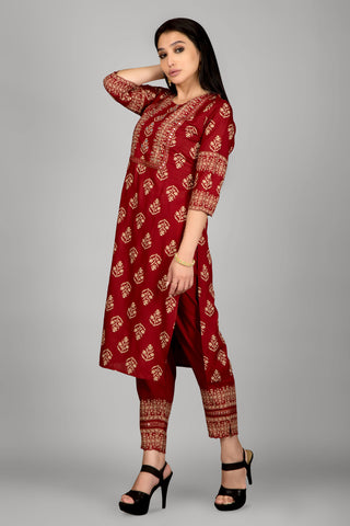 Dark Maroon Printed Kurta Paired With Pant And Dupatta