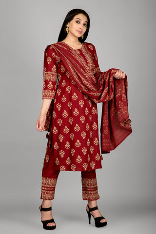 Dark Maroon Printed Kurta Paired With Pant And Dupatta