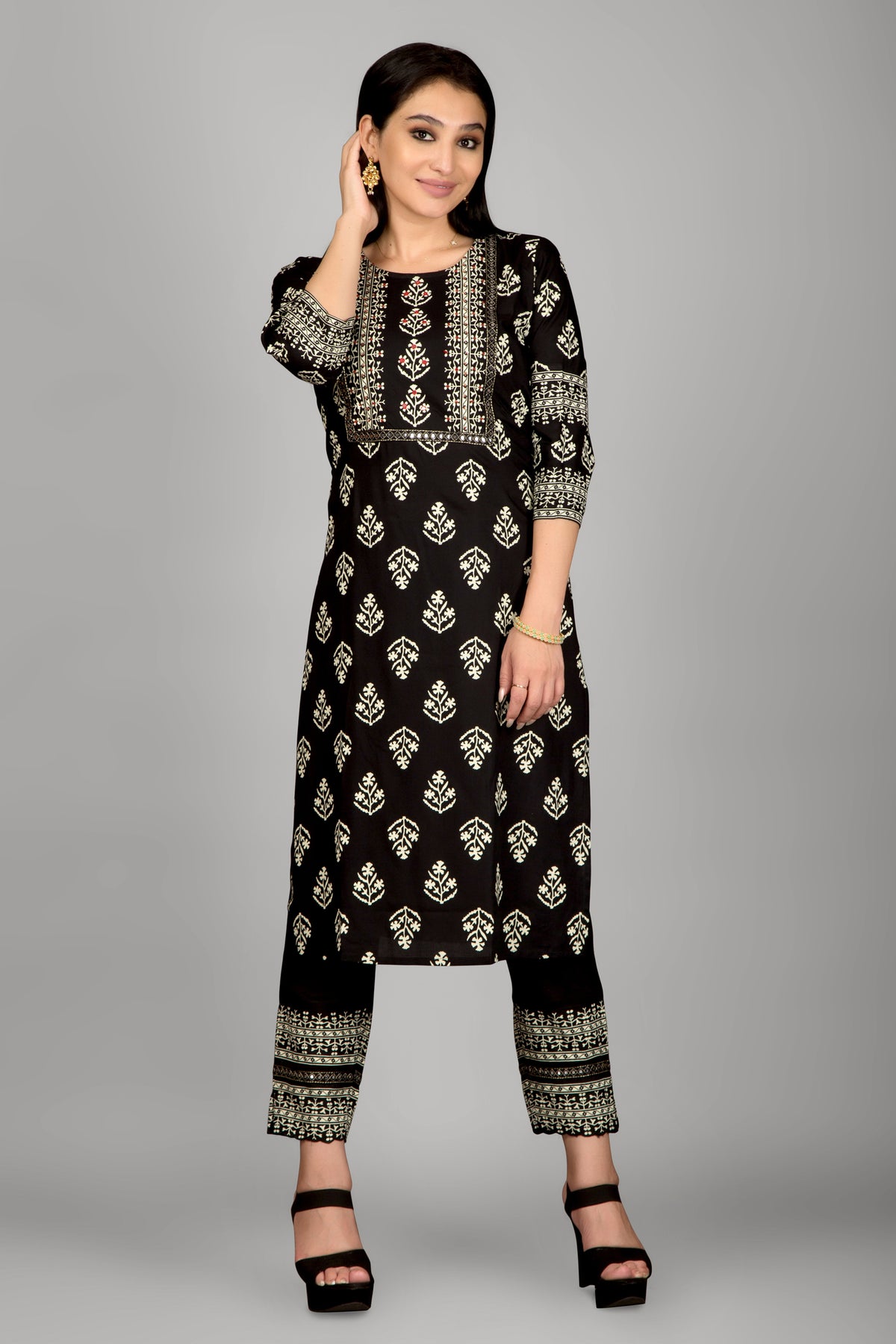 Black Printed Kurta Paired With Pant And Dupatta