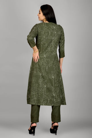 Mehendi Colour A Line Kurta Paired With Pant