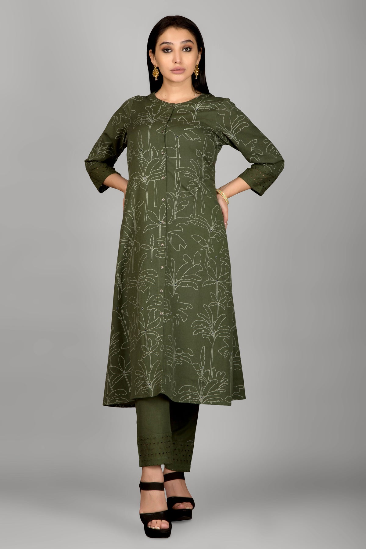 Mehendi Colour A Line Kurta Paired With Pant