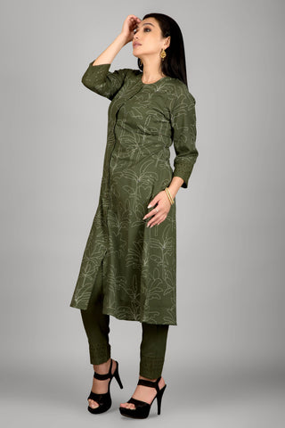 Mehendi Colour A Line Kurta Paired With Pant