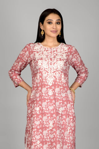 Light Rose Pink Colour Floral Kurta Paired With Pant  And Dupatta