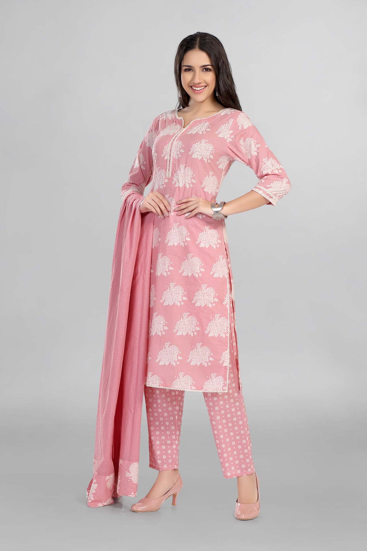 Baby Pink Causal Printed Kurti Paired With Pant And Dupatta