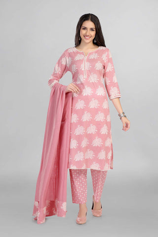 Baby Pink Causal Printed Kurti Paired With Pant And Dupatta