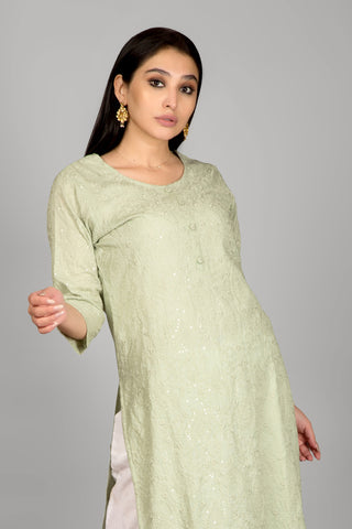 Pista Green Thread Work Kurti