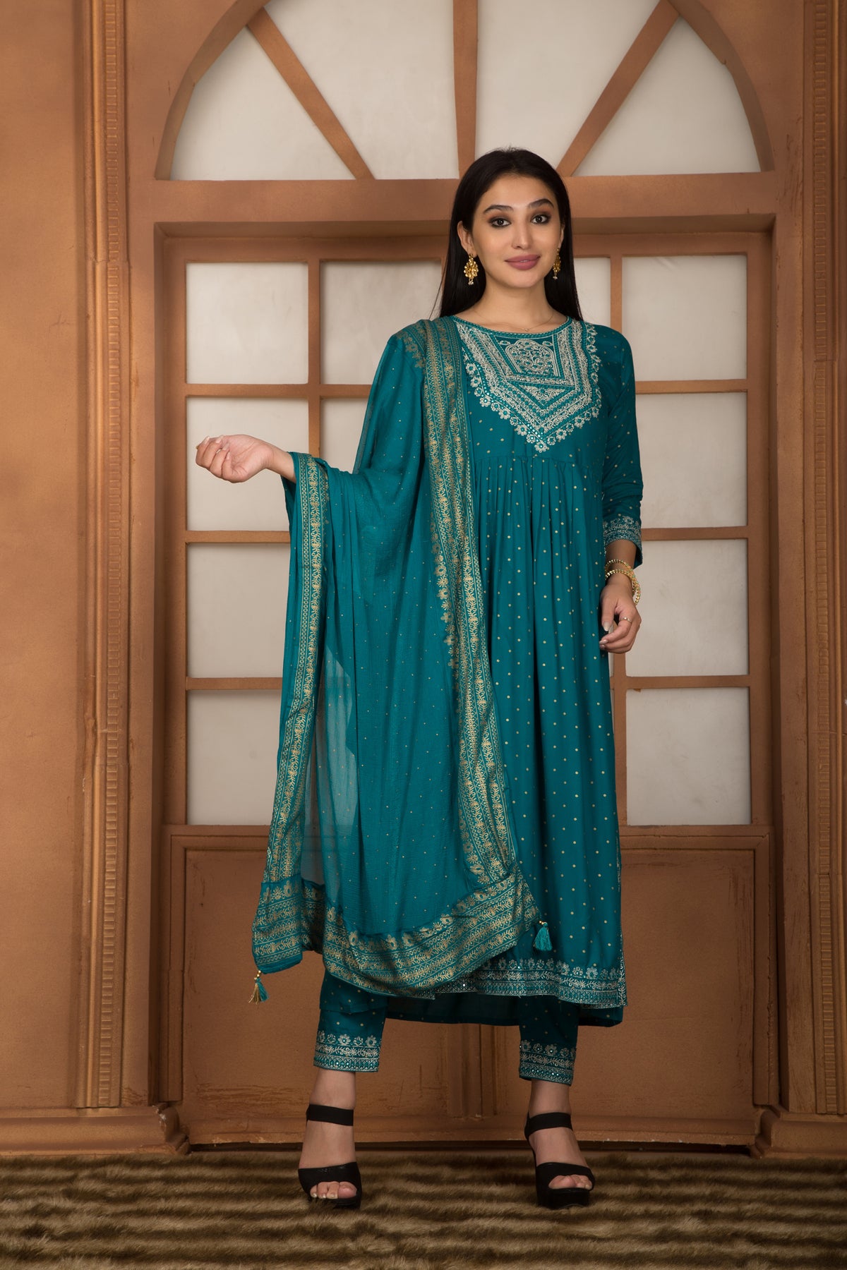 Peacock Green Colou Nayra Cut Kurta Paired With Pant And Dupatta