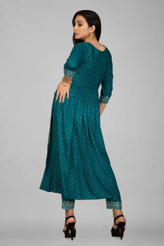 Peacock Green Colou Nayra Cut Kurta Paired With Pant And Dupatta