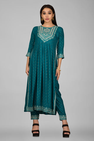 Peacock Green Colou Nayra Cut Kurta Paired With Pant And Dupatta