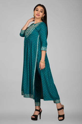 Peacock Green Colou Nayra Cut Kurta Paired With Pant And Dupatta