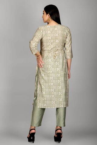 Light Green Colour Mirror Printed Kurta Paired With Pant And Dupatta