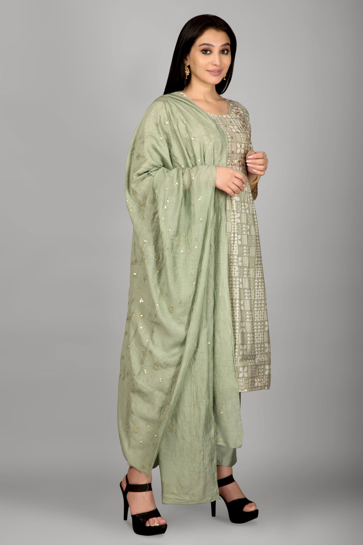 Light Green Colour Mirror Printed Kurta Paired With Pant And Dupatta