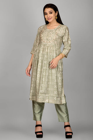 Light Green Colour Mirror Printed Kurta Paired With Pant And Dupatta