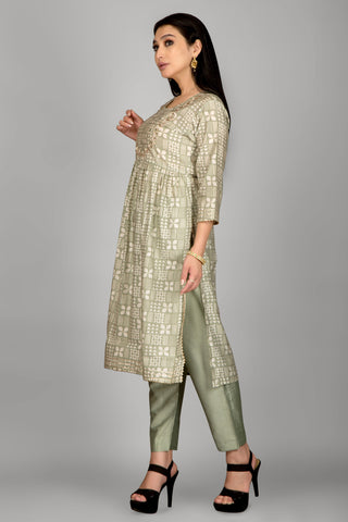 Light Green Colour Mirror Printed Kurta Paired With Pant And Dupatta