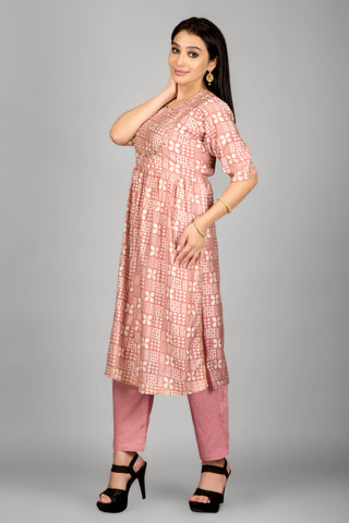 Pink Colour Mirror Printed Kurta Paired With Pant And Duppatta