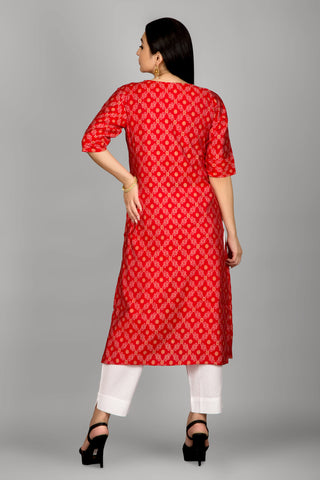 Red Colour Bandhani Kurta With Beautiful Neckline Embroidery