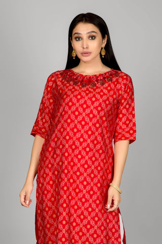 Red Colour Bandhani Kurta With Beautiful Neckline Embroidery