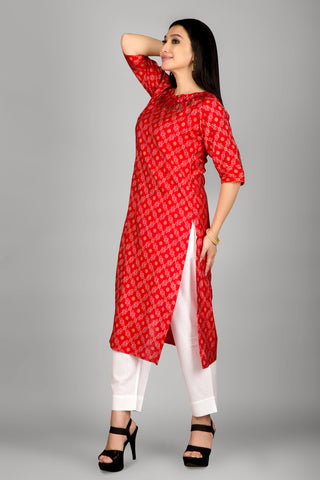 Red Colour Bandhani Kurta With Beautiful Neckline Embroidery