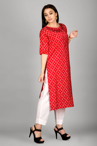 Red Colour Bandhani Kurta With Beautiful Neckline Embroidery