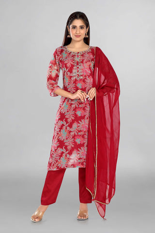 Pink Frost Floral Kurta , Neckline Mirror Work Paired With Muslin Pant And Chiffon Dupatta